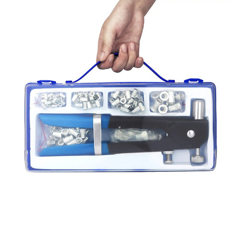 Rivet Nut Tool Kit 136 Pcs Set With M3 M4 M5 M6 M8 Mandrels And 130 Aluminum Ribbed Rivnuts in plastic carrying case.