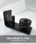 Hella Sturdy Sliding Barn Door Floor Guide With Zero Hassle Setup For Closets Pantries And Room Dividers Locks Rails Firmly Smooth Gliding Track Hardware in black steel, featuring a silent wheel for smooth operation.
