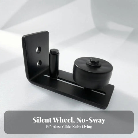 Close-up of Easy Ultra Smooth Sliding Barn Door Floor Guide Bottom Roller Track Stabilizer in matte black steel finish.