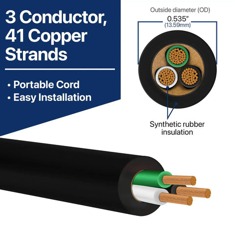 Cross-section of 14 Gauge 3 Conductor SOOW Wire For Industrial And Home Use, 14/3 Cable with synthetic rubber insulation.