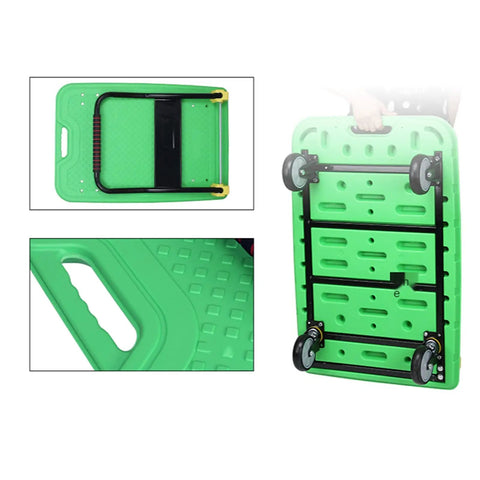 No Sweat Heavy Duty Foldable Flatbed Hand Cart With 880 Pound Load Capacity And 360 Degree Swivel Wheels Premium Steel Platform Trolley For Home Hauls, green color, flatbed design, wheels visible, handle detail.