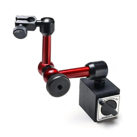 Dial Indicator Magnetic Holder And Bore Gauge Stand With V Groove Base For Rock Solid Mounting On Cylindrical Surfaces On Off Magnet Adjustable Rotary Joints Flexible Positioning For Lever Indicators And Micrometer Tools, red metal