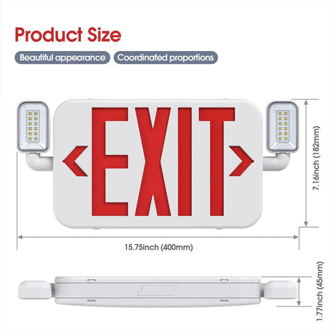 LED Combo Emergency Exit Sign With Two Adjustable Head Lights And Backup Battery US Standard Red Letter Commercial Safety Lighting UL 924 AC 120 277V 2 Pack Kit showing dimensions.