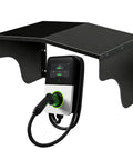 Built Tough Aluminum EV Charger Cover And All Weather Sun Shield For Wall Mounted Electric Vehicle Stations with attached charger.