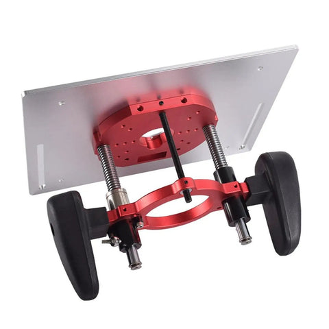 Built To Last Heavy Duty Aluminum Router Lift Kit With Smooth Manual Precision Dial Control top view of the router lift with red and black components.