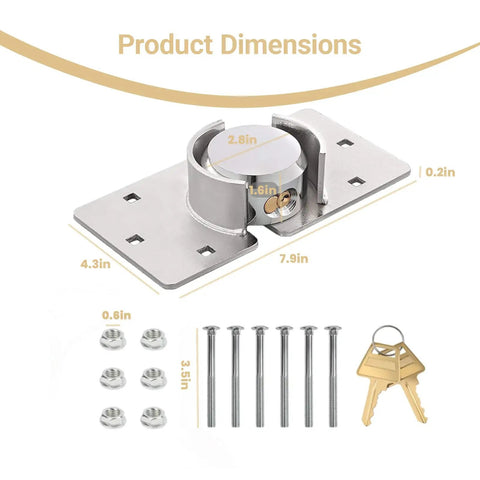 Beefy Heavy Duty Padlock Set Keyed Alike 2 Pack With Solid Steel Hasp 73MM diagram with dimensions and included hardware components.