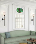 Industrial Gold And Black 1 Light Wall Sconce With Long Arm And Globe Glass Shade Delivers A Lit Glow Modern Wall Mounted Lamp For Bedroom Hallway Clear Glass Set Of 2 displayed in living room