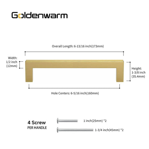 Brushed Brass Cabinet Pulls 6 1/4 Inch Square Bar Drawer Handles Gold Kitchen Cabinet Hardware 50 Pack with dimensions