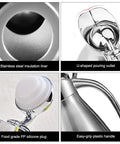 Interior and exterior view of 68 Oz Stainless Steel Coffee Carafe With Double Wall Vacuum Insulation Keeps Your Brew Hot Up To 12 Hours Or Cold Up To 24 Hours, 2 Liter Capacity, Blue showing insulation liner, pouring outlet, silicone plug, and handle.