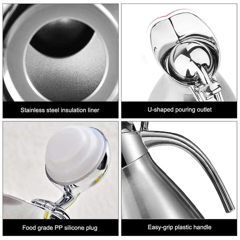 Interior and exterior view of 68 Oz Stainless Steel Coffee Carafe With Double Wall Vacuum Insulation Keeps Your Brew Hot Up To 12 Hours Or Cold Up To 24 Hours, 2 Liter Capacity, Blue showing insulation liner, pouring outlet, silicone plug, and handle.