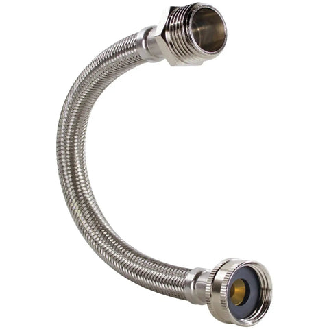 Braided Stainless Steel Water Inlet Hose With Three Quarters Inch MGH To Three Quarters Inch FGH, One Foot, Heavy Duty Washer And Appliance Connector
