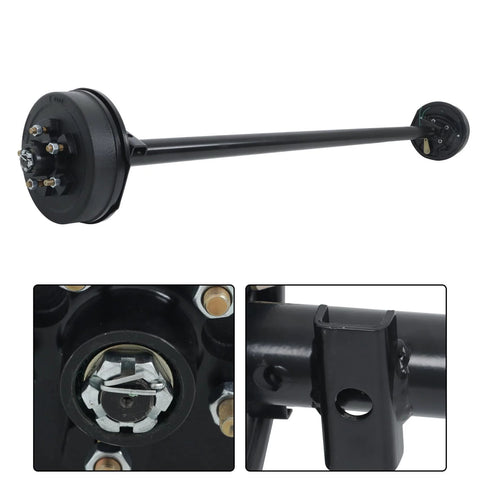 Black 3500-lb electric brake trailer axle with 5x4.5 bolt pattern; drum hub on one end, mounting flange on the other.