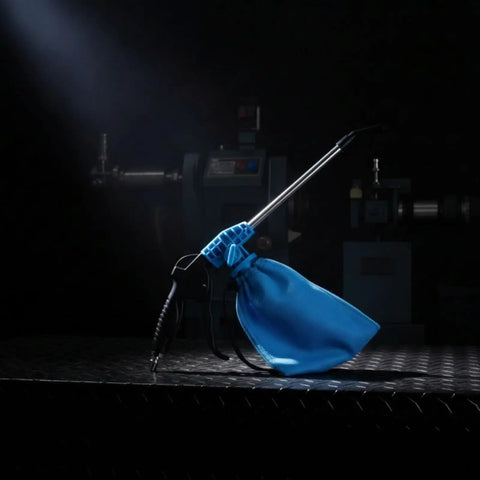 Heavy Duty Pneumatic Blower Vacuum Handles Shop Dust And Metal Shavings Like A Champ with blue debris bag and ergonomic grip.