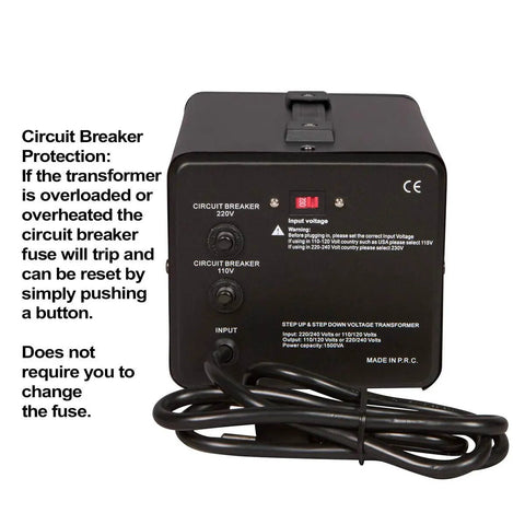 Step Up And Step Down Voltage Converter Transformer From 110 to 220V Up To 220 to 240V Heavy Duty 1000W rear view with circuit breakers