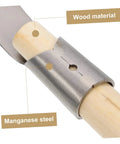 Close-up of Durable Manganese Steel Weeding Sickle With Long Wooden Handle for garden cleanup and weed removal