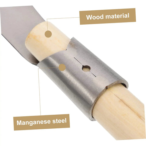 Close-up of Durable Manganese Steel Weeding Sickle With Long Wooden Handle for garden cleanup and weed removal
