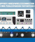 Front view of MIDI controllers and Chocolate Plus Wireless Bluetooth MIDI Foot Controller With Four Buttons, Rechargeable Footswitch.