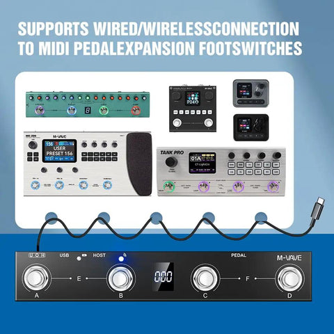 Front view of MIDI controllers and Chocolate Plus Wireless Bluetooth MIDI Foot Controller With Four Buttons, Rechargeable Footswitch.