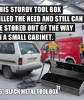 Rugged Hip Roof Portable Steel Tool Box With Metal Latch Closure, black finish, open on garage floor, cars in background