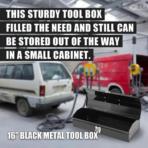 Rugged Hip Roof Portable Steel Tool Box With Metal Latch Closure, black finish, open on garage floor, cars in background