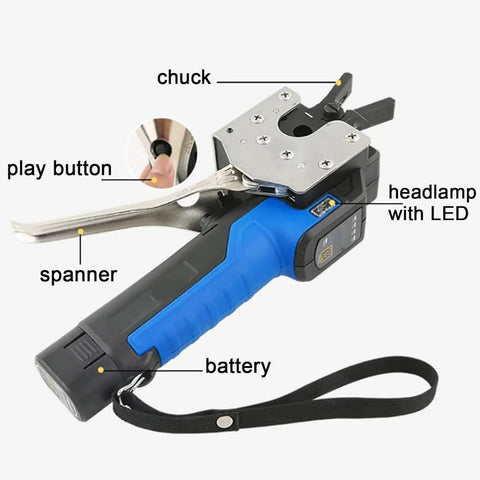 Close-up of Electric Flare Tool Kit For HVAC Pros with labeled parts: chuck, play button, spanner, 2000mAh battery, LED headlamp