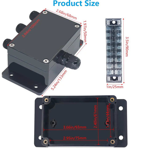IP67 Outdoor Waterproof Junction Box With Built In Potted Gasket, 15A 600V 8P Barrier Terminal, 1In 3Out Electrical Box dimensions