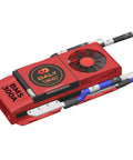 Kickass 10S 36V Smart BMS With Bluetooth Wireless Control And 300 Amp Continuous Rating For Lithium Ion 18650 Battery Packs, Red, with cooling fan and connection leads.