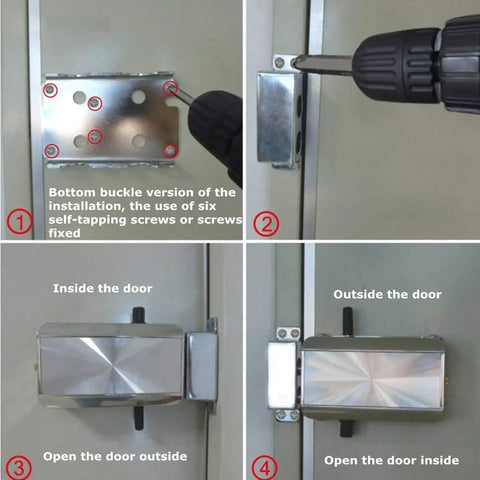 Installation steps for Heavy Duty Slick Remote Control Electronic Smart Door Lock With Auto Lock Keyless Deadbolt showing inside and outside views.