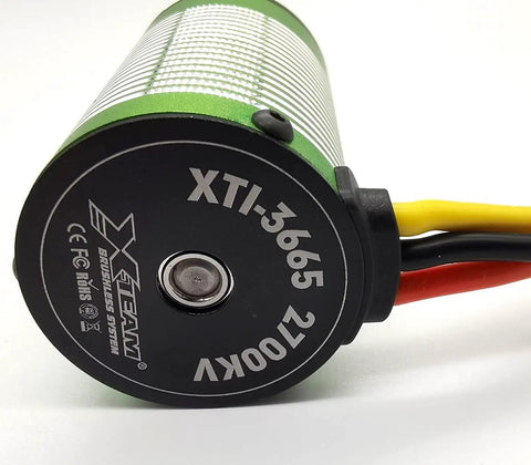 Close-up of 4500KV Brushless RC Motor 2000W 164A 12V 4 Pole Design end cap and wires