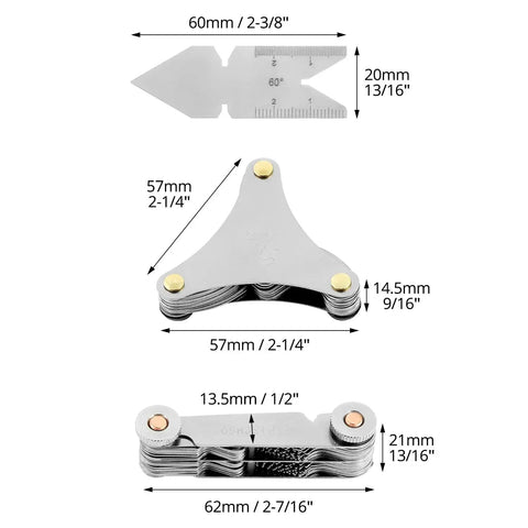 Must-Have 5 Piece Thread Pitch Gauge Tool Set In Stainless Steel With SAE And Metric Markings, various gauge dimensions shown