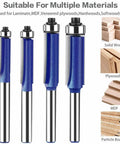 Four Piece Flush Trim Router Bit Set With One Quarter Inch Shank And Top Bearing Includes Cutting Diameters One Quarter Five Sixteenths Three Eighths And One Half Inch Industrial Carbide Cutters For Smooth Finishing On Solid Wood MDF Plywood And More displayed against material examples