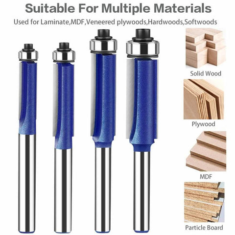 Four Piece Flush Trim Router Bit Set With One Quarter Inch Shank And Top Bearing Includes Cutting Diameters One Quarter Five Sixteenths Three Eighths And One Half Inch Industrial Carbide Cutters For Smooth Finishing On Solid Wood MDF Plywood And More displayed against material examples