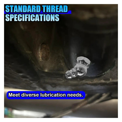 45-degree fitting from 60 Piece SAE Grease Fittings Kit With Galvanized Zerk Fittings Assortment, installed on industrial machinery.