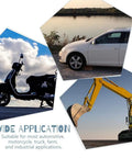 Car, motorcycle, and excavator showing use of 80 Piece Max Strength Grease Fitting Set With SAE Zerk NPT Threads.