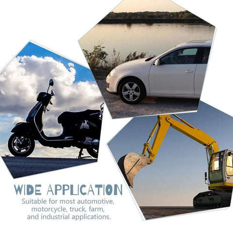 Car, motorcycle, and excavator showing use of 80 Piece Max Strength Grease Fitting Set With SAE Zerk NPT Threads.
