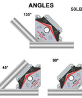 Welding magnet set, 50 lb holding power, 4 pcs; square magnetic holders showing 45°, 90°, and 135° angles