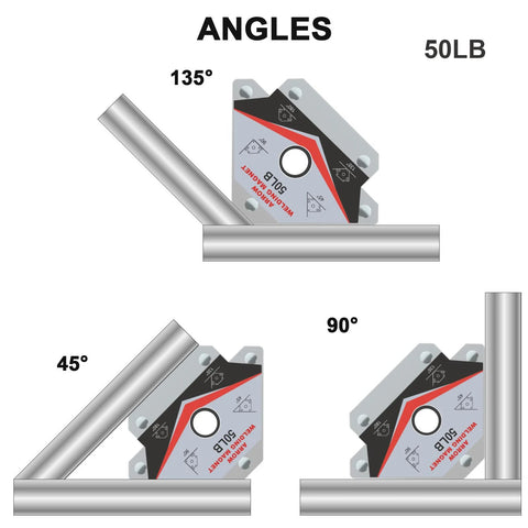Welding magnet set, 50 lb holding power, 4 pcs; square magnetic holders showing 45°, 90°, and 135° angles