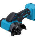 Kickass Cordless Mini Circular Saw And Angle Grinder Hybrid With Reversible Rotation And Adjustable Cutting Depth For No Sweat Work On Wood Metal Tile And Plastic Projects Daily, battery-powered tool close-up.