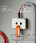 Compact Drill Powered Wire Puller Featuring Slick Conduit Fish Tape Grip Delivers No Sweat Wiring Performance For Home Renovation Tasks And Professional Electrical Projects Supporting Cables Up To Point Two Three Inches. Image shows cable pulling tool secured on wall with red wire and conduit.