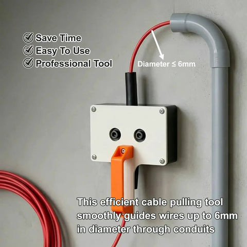Compact Drill Powered Wire Puller Featuring Slick Conduit Fish Tape Grip Delivers No Sweat Wiring Performance For Home Renovation Tasks And Professional Electrical Projects Supporting Cables Up To Point Two Three Inches. Image shows cable pulling tool secured on wall with red wire and conduit.