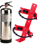 Badass 2.5 Gallon Water Fire Extinguisher With Hella Heavy Duty Steel Bracket And Warning Sign UL ULC Listed DOT Compliant USCG Approved Class A Rating and bracket seen together.