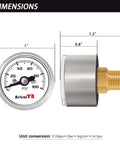 Compact One Inch Pressure Gauge Zero To One Hundred Psi For Coffee Machines Water Pumps And Air Compressors Stainless Steel Case One Eighth NPT Back Mount Handy Mini Gauge For Tight Spaces And Precise Readings front and side view