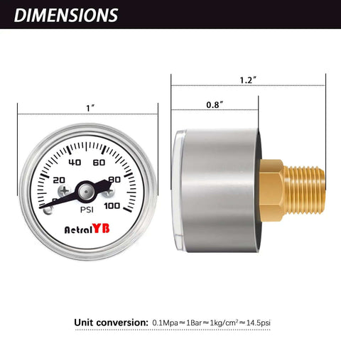 Compact One Inch Pressure Gauge Zero To One Hundred Psi For Coffee Machines Water Pumps And Air Compressors Stainless Steel Case One Eighth NPT Back Mount Handy Mini Gauge For Tight Spaces And Precise Readings front and side view