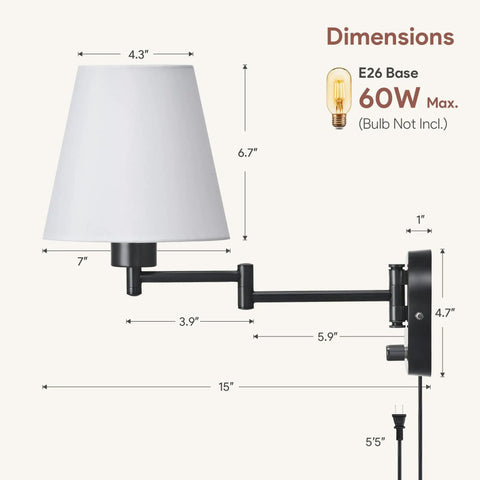 Modern Swing Arm Wall Light Plug In With White Fabric Shade, Black Metal Wall Sconce For Bedroom, Living Room, And Bedside