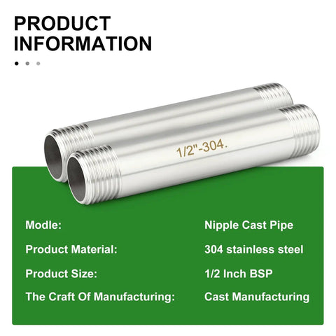 Two Pack Half Inch BSP Male To Half Inch BSP Male Thickened Nipple Cast Pipe Six Inch Length Stainless Steel 304 Pipe Fittings