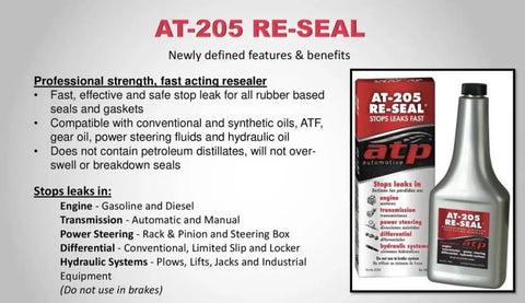 AT-205 Re-Seal product bottle and packaging with features and benefits for auto leaks in various systems