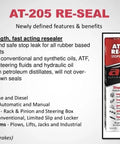 AT-205 RE-SEAL bottle and box with features and benefits highlighted, showing usage for automotive rubber seal leaks.