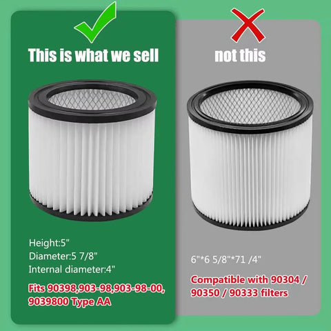 Comparison of two filter cartridges; left is Replacement Filter Cartridge For 90398 And 9039800 Series Wet Dry Vacuums, right is not.