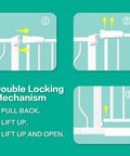 Instructional diagram showing double locking mechanism of Extra Wide Baby Gate For Stairs And Doorways Pressure Mounted Pet Gate.
