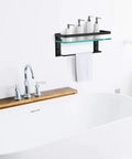 Tempered Glass Wall Shelf with Towel Bar for Bathroom, 15.2 by 4.5 Inches, wall mounted above bathtub holding toiletries